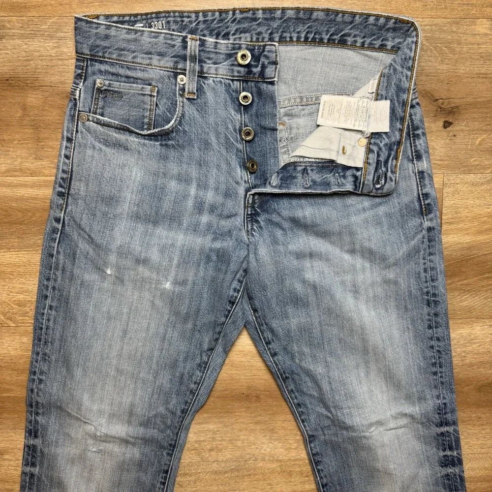 G-Star Raw 3301 Tapered Jeans Mens 27x30 Light Blue Distressed‎ Button Fly Pants